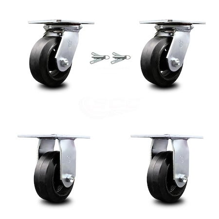 Service Caster 5 Inch Rubber on Steel Caster Set with Ball Bearing 2 Swivel Lock and 2 Rigid SCC-35S520-RSB-BSL-2-R-2